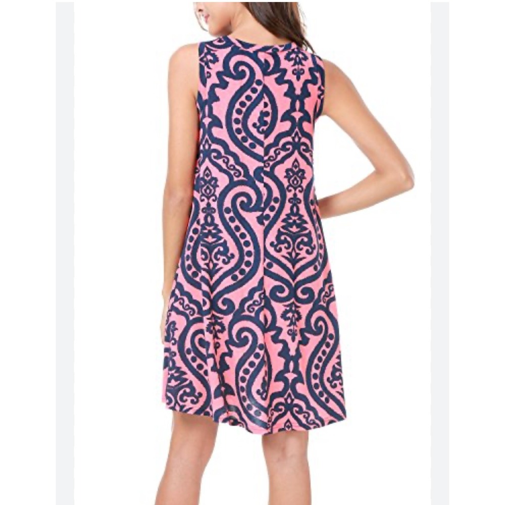 Women's Sleeveless Swing Shirt Dress Pink Navy Blue Damask Casual Sundress XL‎ - Picture 2 of 9